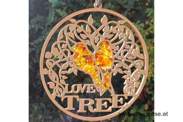 Fensterbild Suncatcher Bernstein - VÖGEL 'Love Tree' Ø 11cm